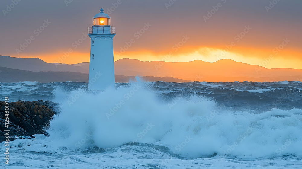 Obraz premium Dramatic coastal lighthouse sunset, waves crashing, mountains background, navigational safety