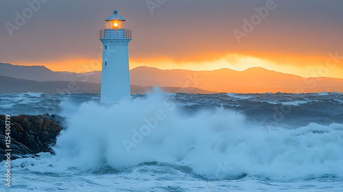 Dramatic coastal lighthouse sunset, waves crashing, mountains background, navigational safety