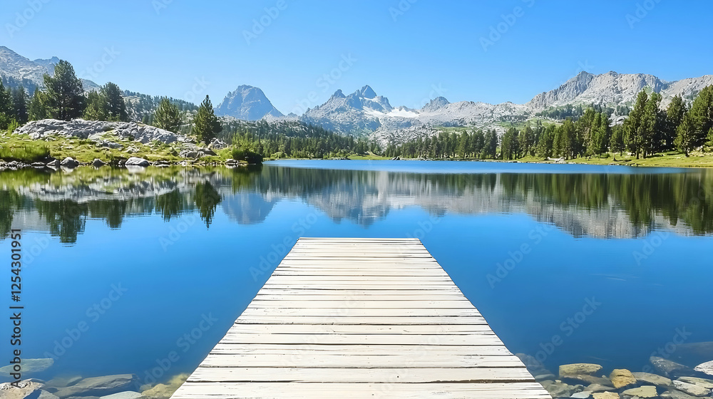 Mountain lake serenity wooden dock, clear water reflecting peaks, summer day, idyllic landscape Mountain lake serenity wooden dock, clear water reflecting peaks, summer day, idyllic landscape
