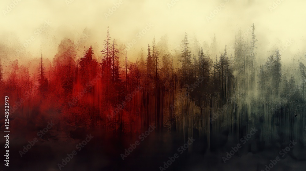 Misty forest fire, mountain range background, nature landscape, environmental art Misty forest fire, mountain range background, nature landscape, environmental art