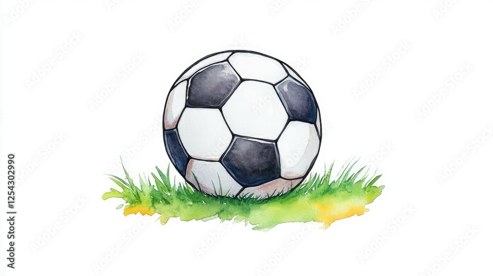 Obraz premium A hand-painted watercolor illustration of a classic soccer ball resting on vibrant green grass