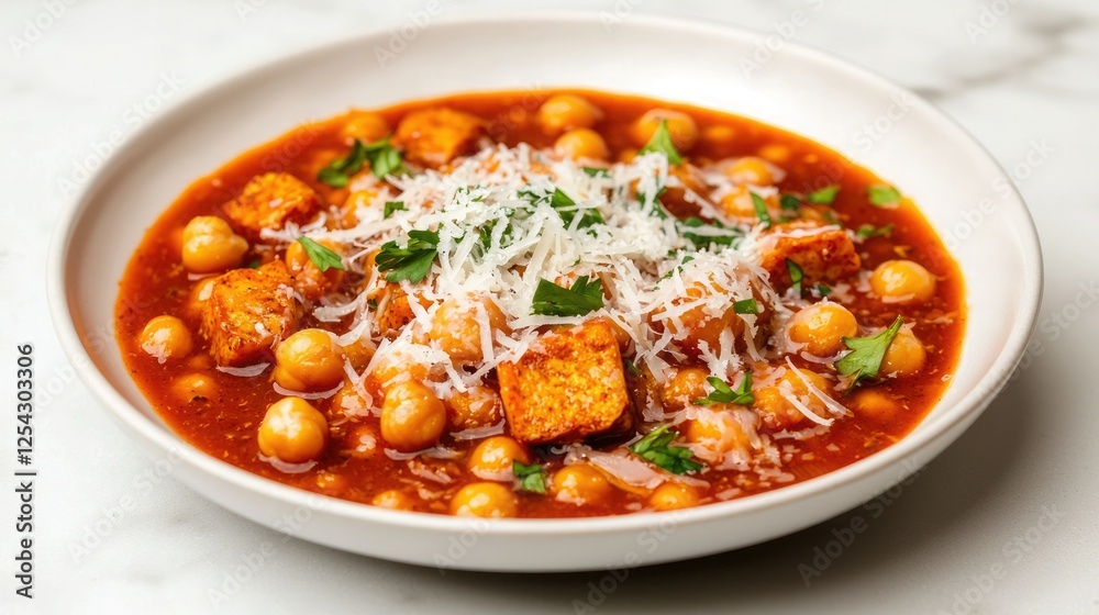A hearty bowl of chickpea stew topped with croutons, herbs, and cheese, served in a white dish, showcasing vibrant colors and textures. A hearty bowl of chickpea stew topped with croutons, herbs, and cheese, served in a white dish, showcasing vibrant colors and textures.