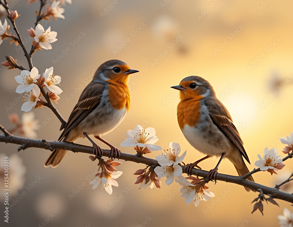 Obraz premium Two Robins Perched on Blossoming Branch in Warm Golden Light