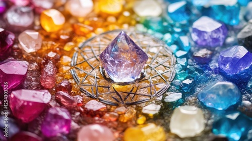 A vibrant display of colorful gemstones and a central radiant crystal photo