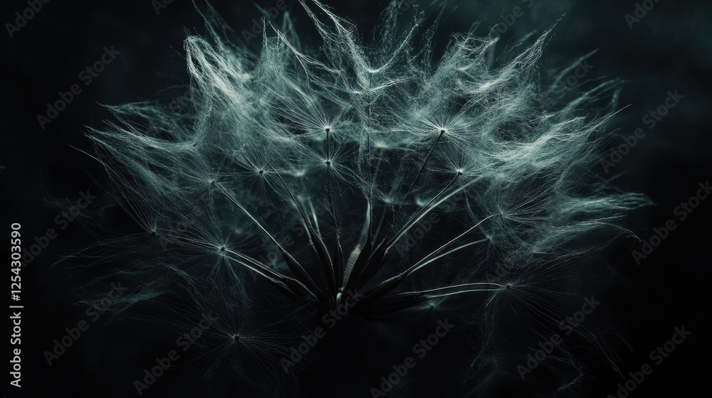 A stunning macro shot of a withered dandelion seed head, its intricate, spiky filaments appearing almost crystalline against a dark A stunning macro shot of a withered dandelion seed head, its intricate, spiky filaments appearing almost crystalline against a dark