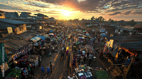 Bustling market scene at sunset with vibrant stalls, diverse crowds, and scenic clouds