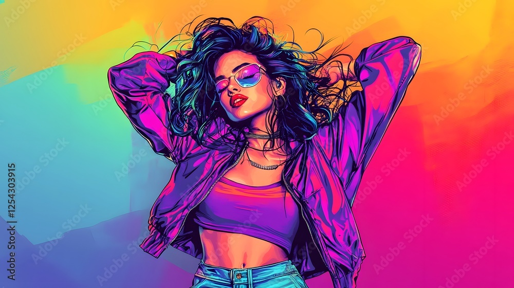 This striking digital artwork exudes energy and confidence, portraying a woman immersed in vibrant neon hues of electric pink, deep blue, and glowing yellow. This striking digital artwork exudes energy and confidence, portraying a woman immersed in vibrant neon hues of electric pink, deep blue, and glowing yellow.