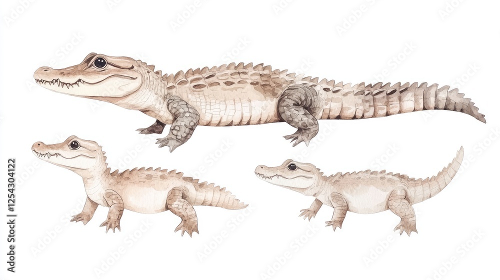 Fototapeta premium Three stages of a crocodile's growth illustrated, showcasing its development and environment