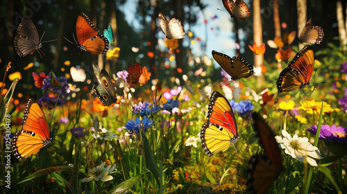 Colorful butterflies fluttering over a vibrant wildflower meadow in a sunlit forest setting