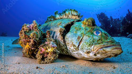 Underwater scene featuring a large fish resting on the ocean floor surrounded by coral