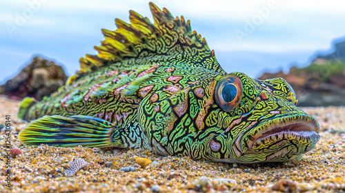 Colorful fish resting on sandy beach with vibrant patterns and blurred ocean background