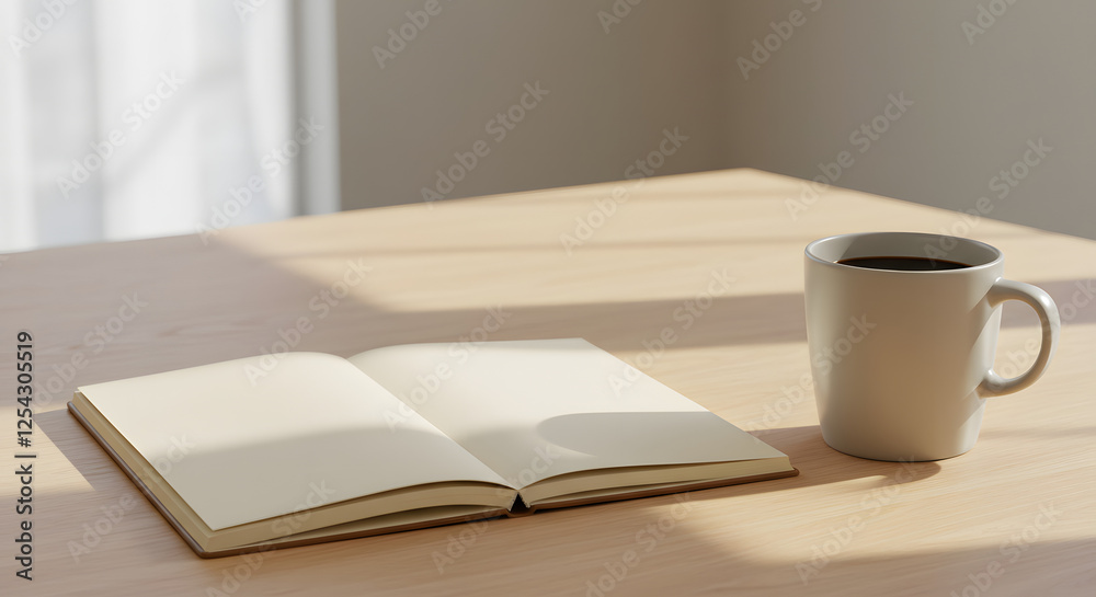 Fototapeta premium Open Blank Notebook with Coffee Mug on Wooden Table in Sunlight