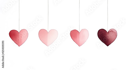 Four hanging paper hearts in varying shades of pink and red against a white background, ideal for decoration