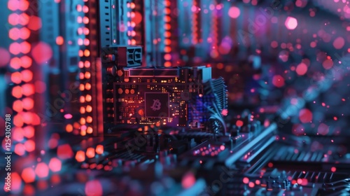 A crystalline canyon filled with rows upon rows of mining rigs each one churning out digital coins. photo