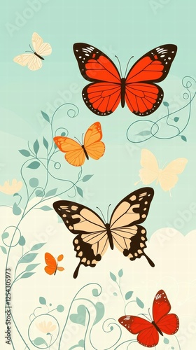 Wallpaper Mural Colorful Butterflies Against a Soft Blue Background with Lush Torontodigital.ca