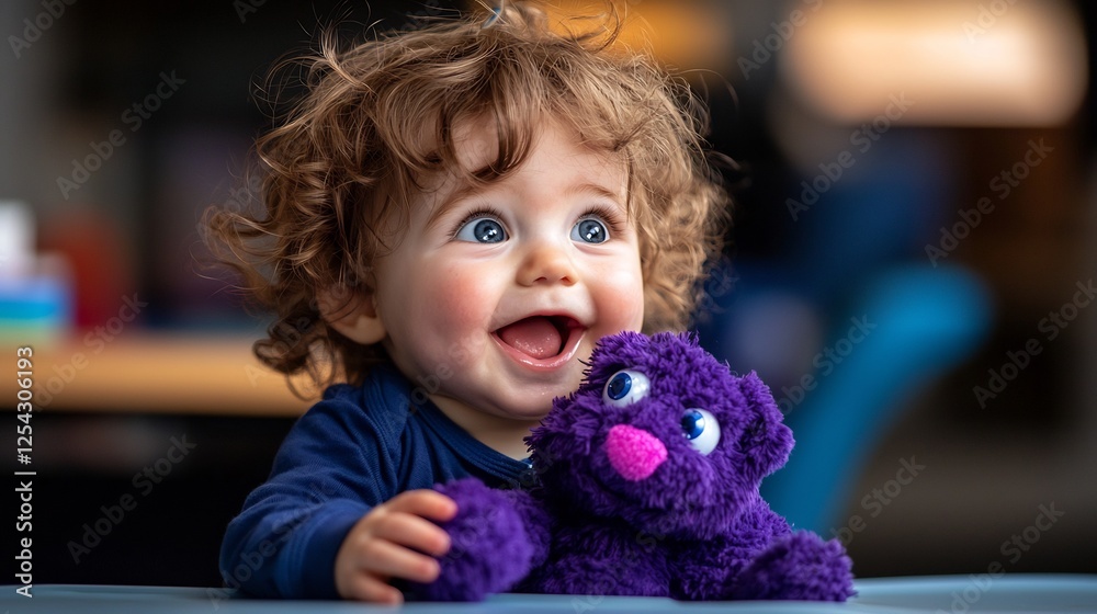 Smiling Baby With Blue Eyes And Curly Blond Hair Embracing Toy During Daytime Smiling Baby With Blue Eyes And Curly Blond Hair Embracing Toy During Daytime