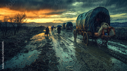 People navigating a muddy road with covered wagons under a dramatic sunset and rain