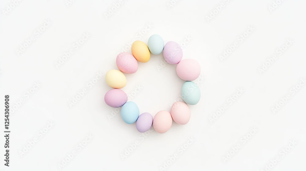 Colorful pastel eggs arranged in a circular pattern on a white background, ideal for spring celebrations Colorful pastel eggs arranged in a circular pattern on a white background, ideal for spring celebrations