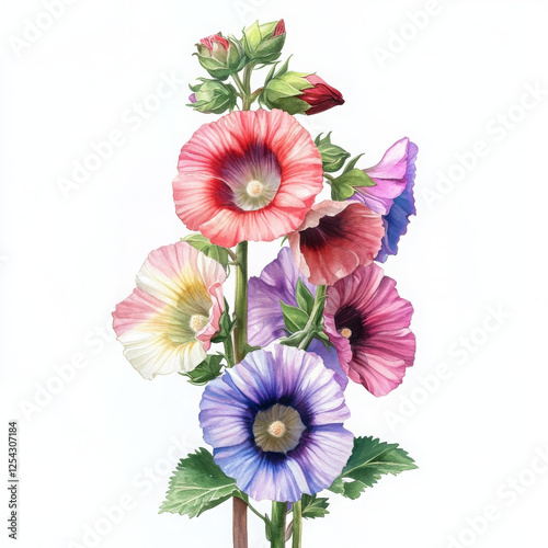 Vibrant hollyhock painted in realistic boho style watercolor radiates freshness