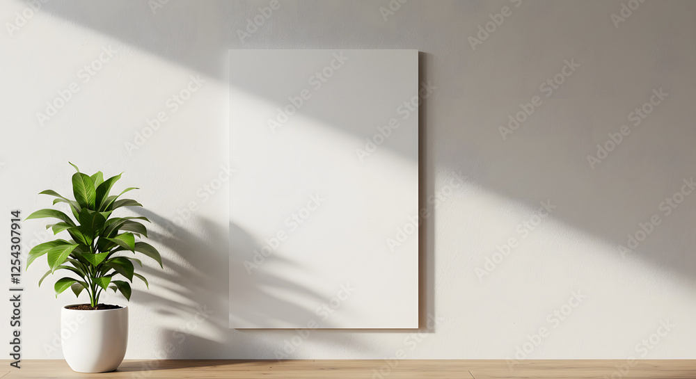 Fototapeta premium Blank Canvas Mockup with Plant and Sunlight for Interior Design
