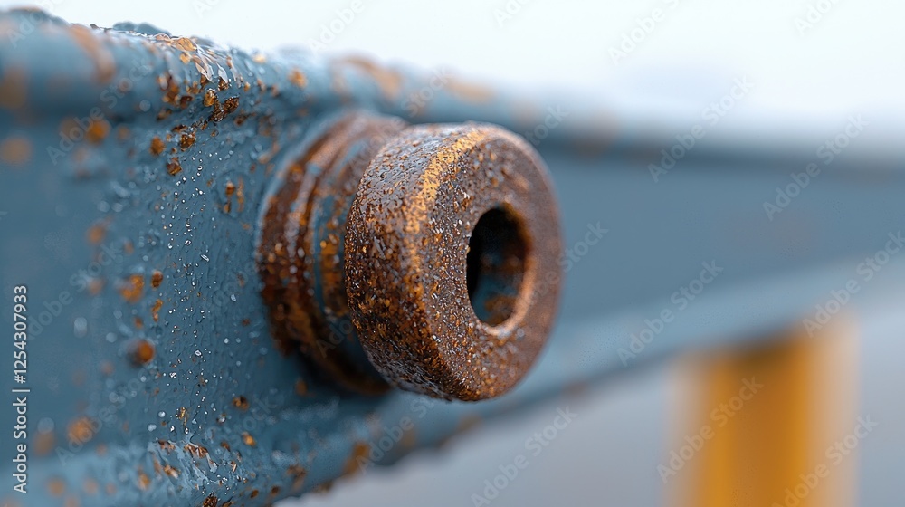 Rusty bolt on bridge railing, foggy day, industrial background Rusty bolt on bridge railing, foggy day, industrial background