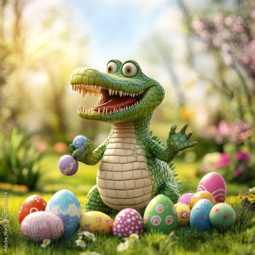 Fototapeta premium Happy crocodile celebrates spring with colorful eggs in a vibrant garden during a sunny day