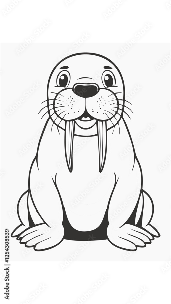 Obraz premium Cute Walrus Coloring Kid Book Page in Black and White. Monochrome and Colored Samples 