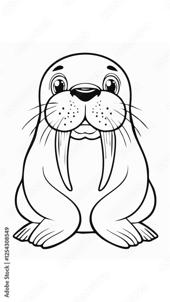 Obraz premium Cute Walrus Coloring Kid Book Page in Black and White. Monochrome and Colored Samples 