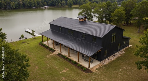 A barndominium home with black roof and black siding at lakeside
