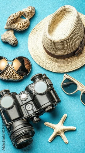 Summer vacation accessories on blue background photo