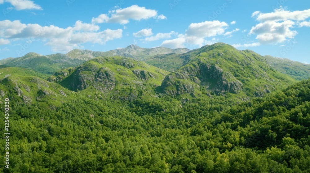 Obraz premium Mountain range landscape, green forests, bright sky