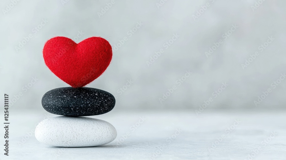Fototapeta premium Red felt heart balanced on a stack of black and white stones against a grey background.