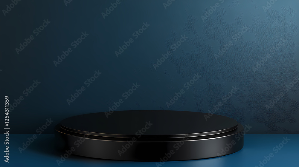 Black Cylinder Platform on Deep Blue Ground Against Textured Wall Black Cylinder Platform on Deep Blue Ground Against Textured Wall