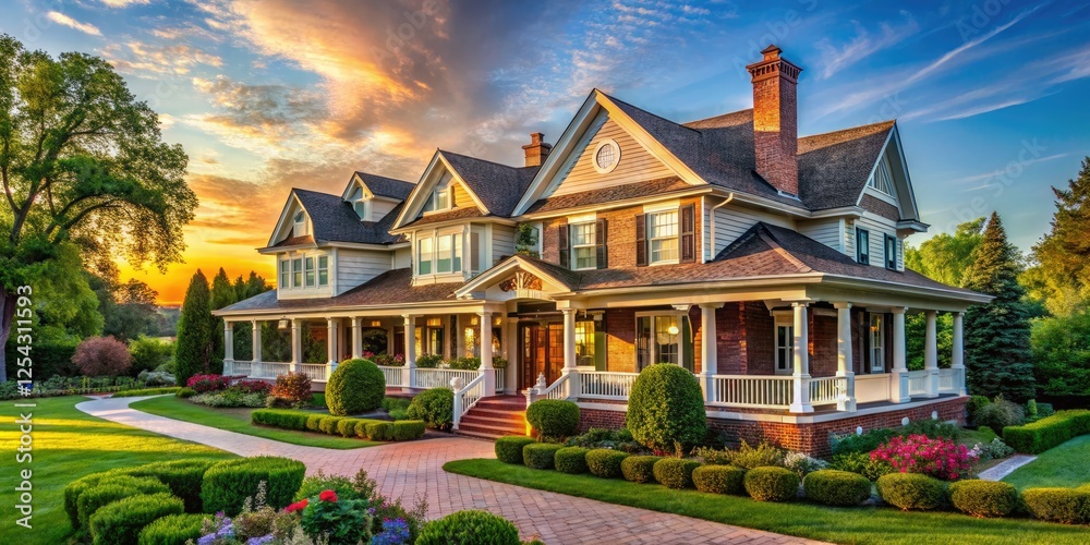 Fototapeta premium Explore classic American homes: Ranch, Colonial, Victorian, and Bungalow styles showcased in stunning panoramic views.