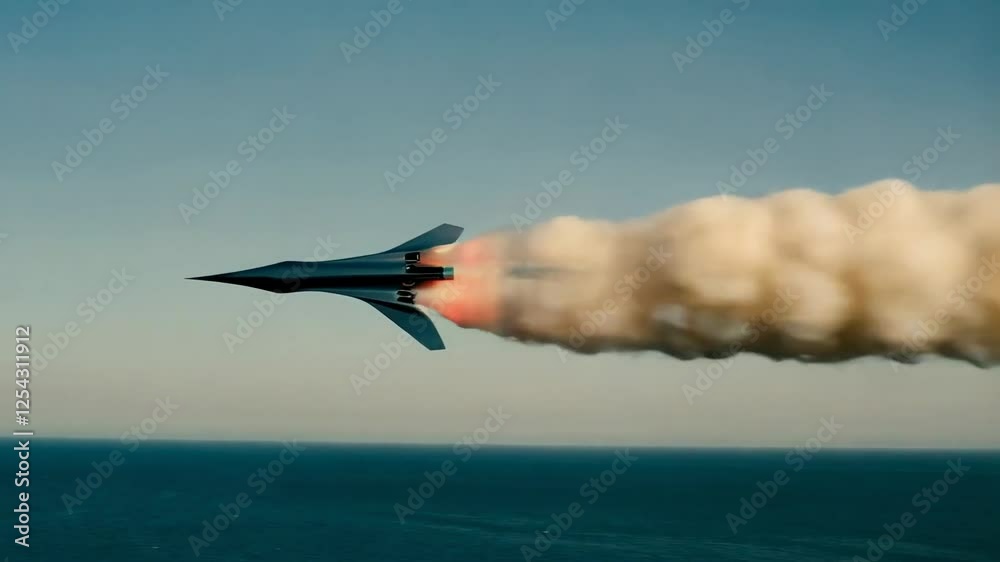 rocket missile with smoke slow motion flying above the sea