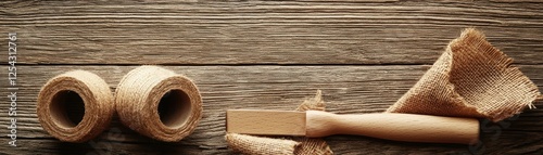 Rustic twine and burlap on wood background.  Possible crafting supplies photo