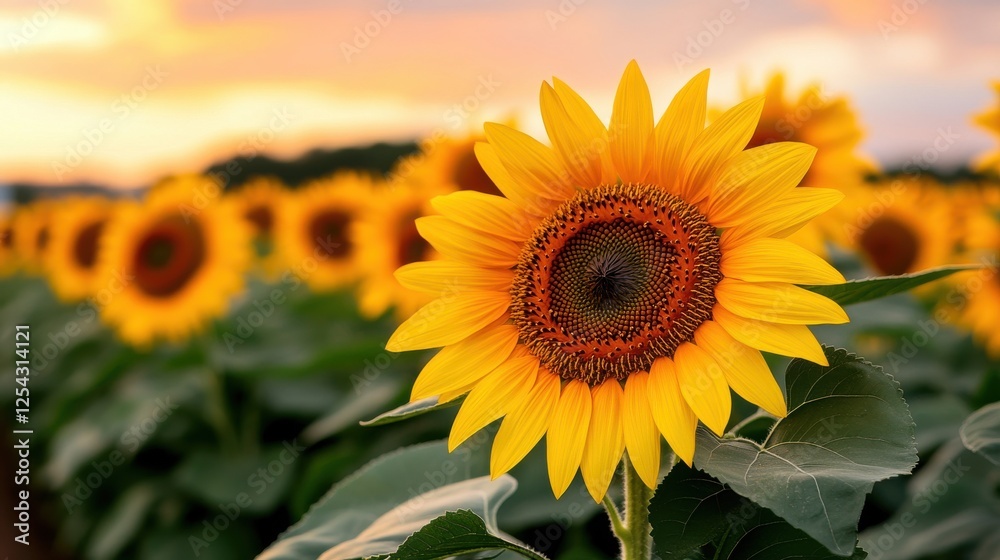 Obraz premium Vibrant Sunflower Field at Sunset with Warm Golden Light