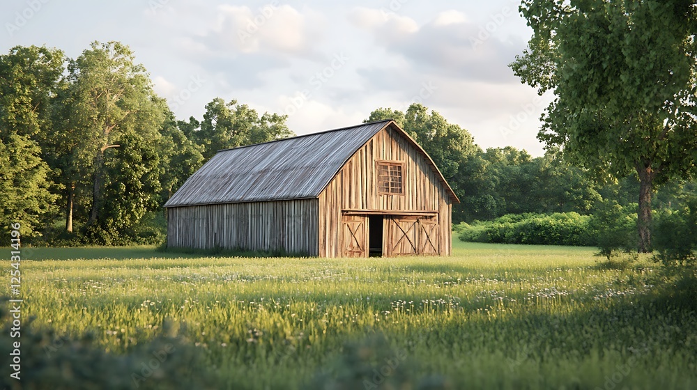 Obraz premium rustic barn with wooden beams and green fields 