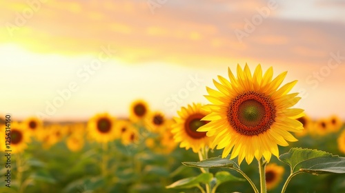 Rural Sunset Serenity: Fields of Golden Sunflowers Against Vibrant Skies. photo