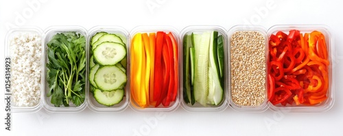 A vibrant assortment of fresh vegetables, including cucumbers, peppers, and greens, neatly arranged in clear containers for healthy meal preparation.