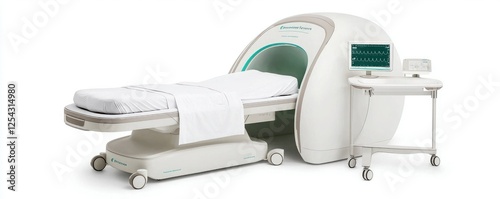 A modern MRI machine with a patient table and control panel, designed for advanced medical imaging and diagnostics.