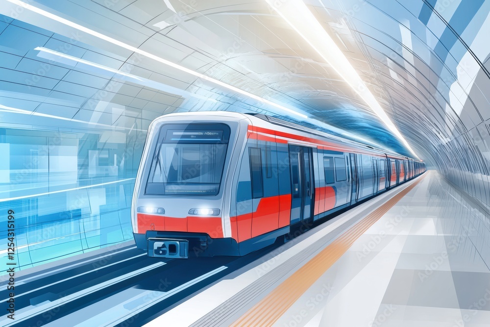 Fototapeta premium Metro station interior showcasing a sleek subway train traveling through a modern underground environment. Generative AI