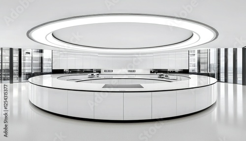 A modern, sleek kitchen featuring a circular island, expansive counter space, and abundant natural light flowing through large windows.