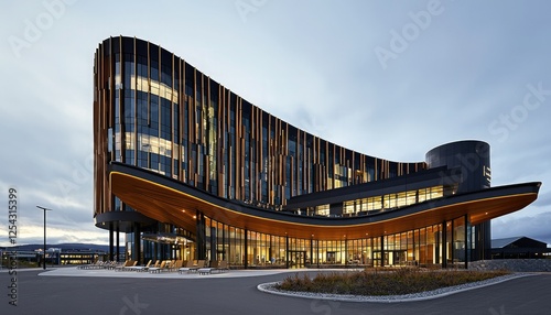 A modern architectural building featuring a unique curved design and wooden accents, set against a cloudy sky.