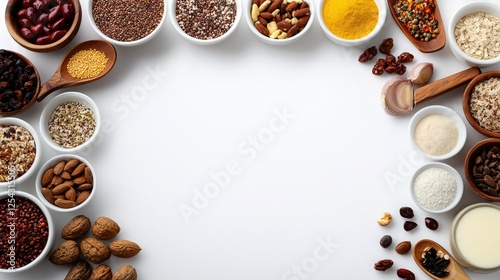 A colorful arrangement of various spices and grains in bowls, creating a border around a blank white space, ideal for culinary presentations or recipes.