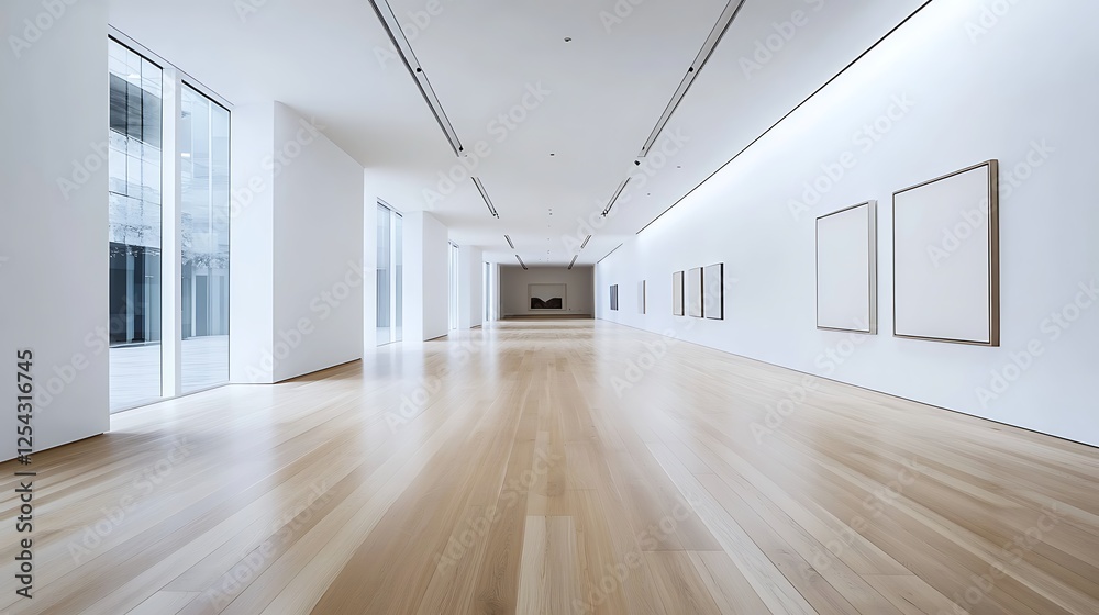 Fototapeta premium contemporary art gallery with white walls and wooden flooring 