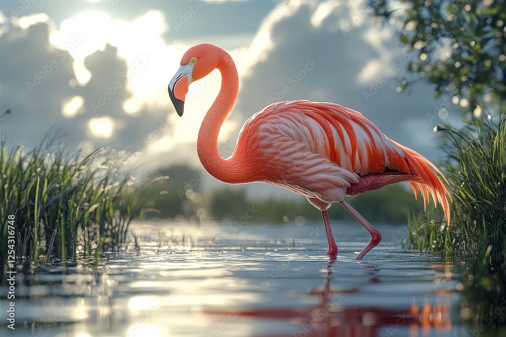 Fototapeta premium High-definition 3D illustration of a flamingo walking gracefully on grass near water against a serene sky background.