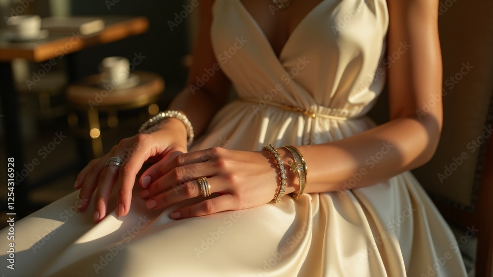 Obraz premium A close-up of hands adorned with layered rings, bracelets, and a delicate necklace, gently resting on a flowing silk dress with soft lighting and warm tones for an elegant touch.