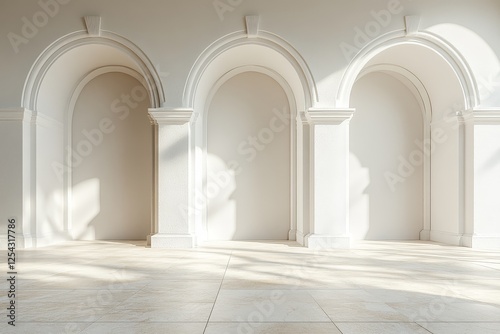 Three white arches on a minimal wall with beige floor, enhanced by soft lighting for high-resolution scenes.