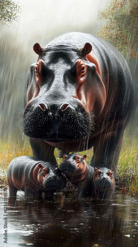Hippos in Harmony: Majestic Creature Dominates Serene Water Scene with Expressive Portrait Hippos in Harmony: Majestic Creature Dominates Serene Water Scene with Expressive Portrait